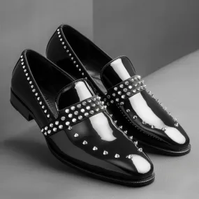 Black Patent Leather Spike Glimra Slip On Studded Loafers - SS23