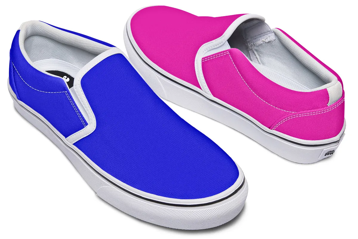 Blue And Pink Mismatch Slip Ons