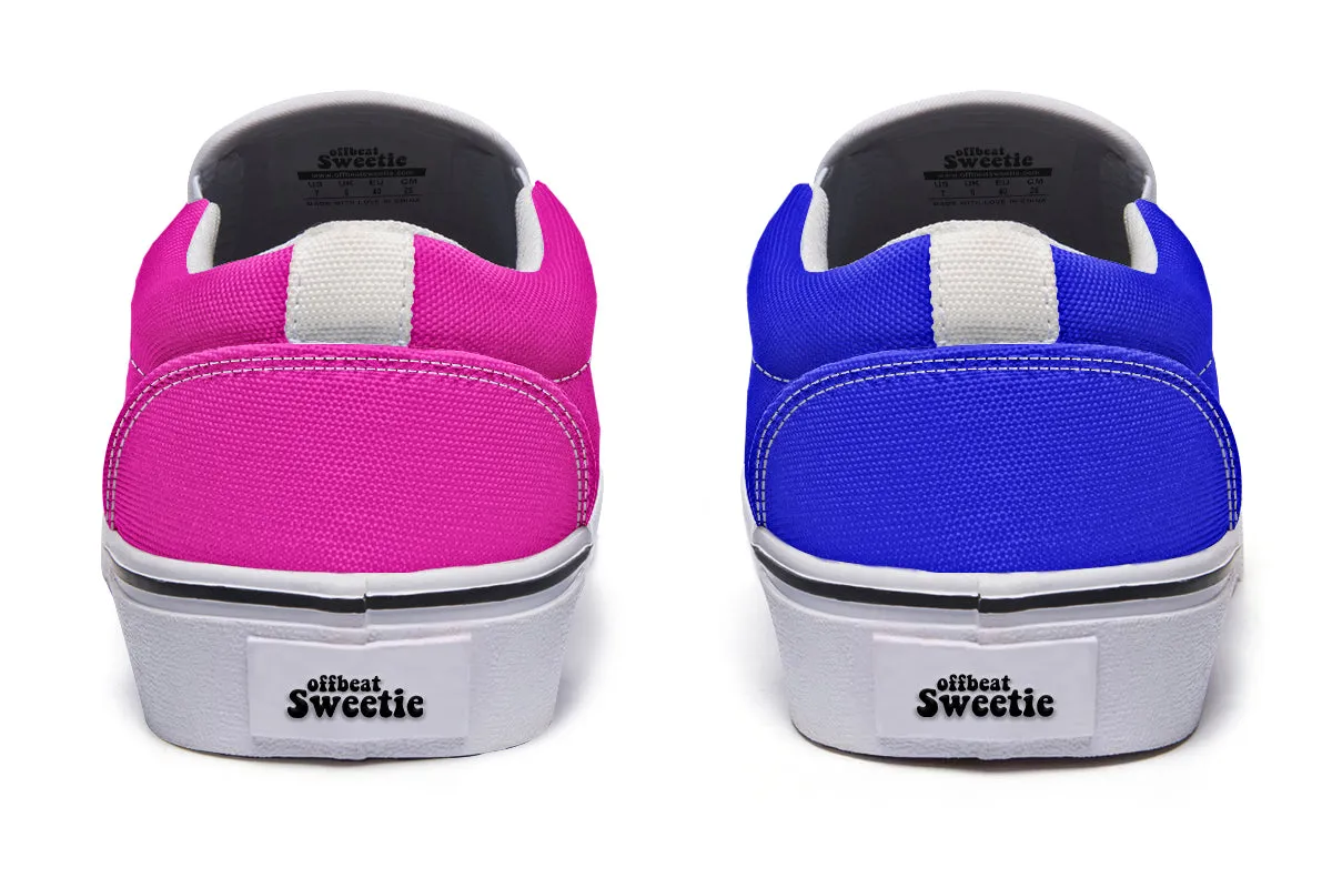 Blue And Pink Mismatch Slip Ons