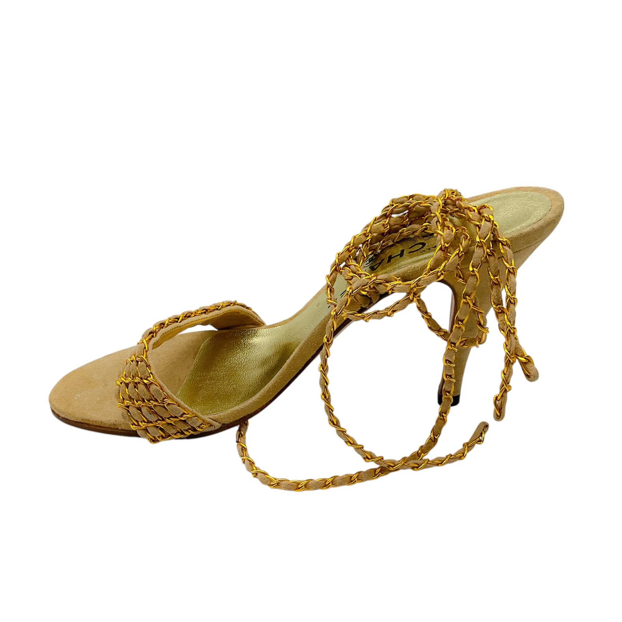 Chanel Beige / Gold Chain Suede Sandals
