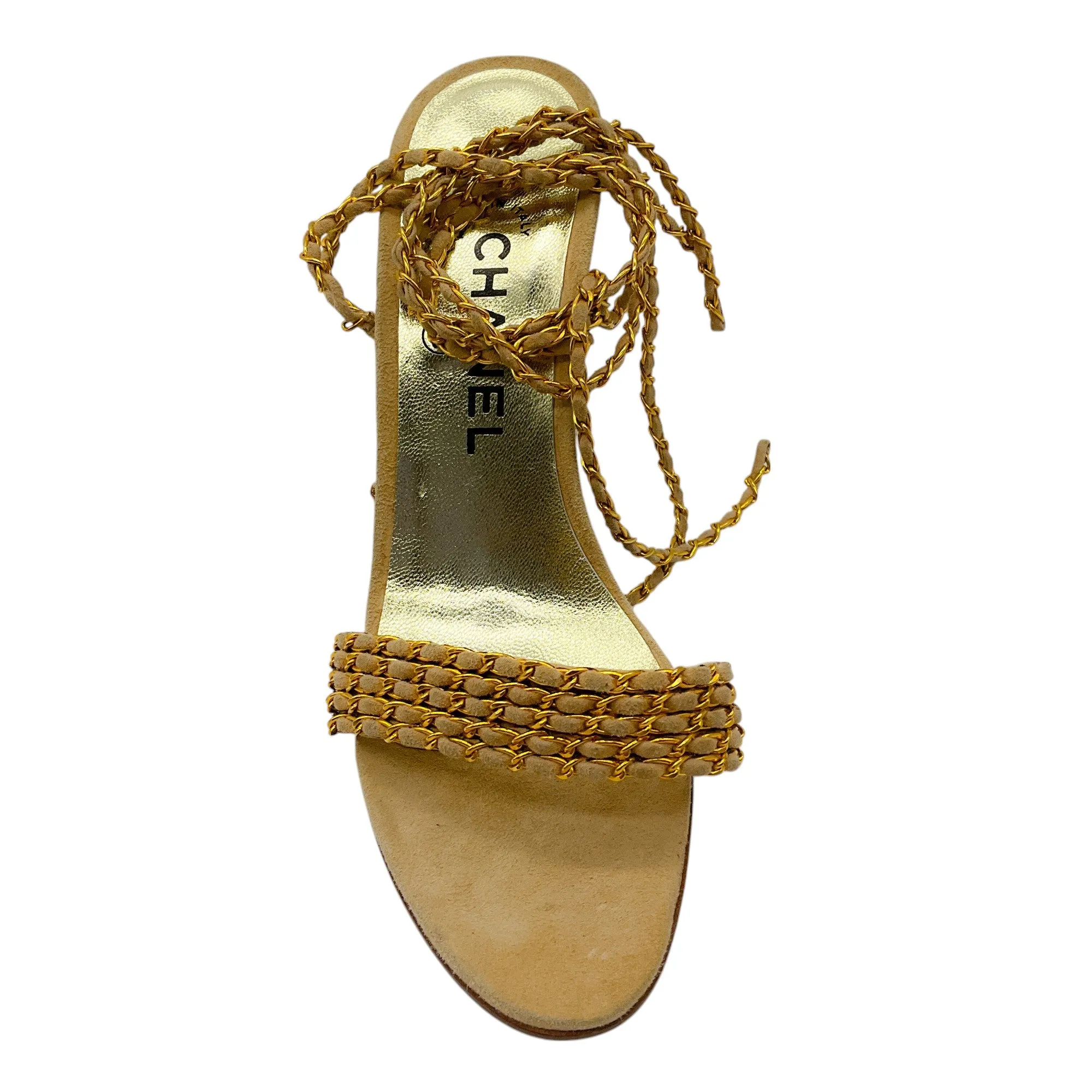 Chanel Beige / Gold Chain Suede Sandals