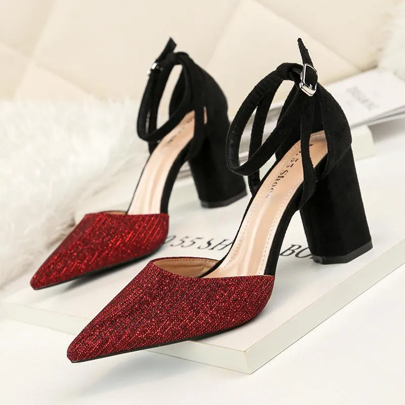 Chicvane Glittering Ankle Strap Pointed Toe Chunky Heel Bridal Shoes