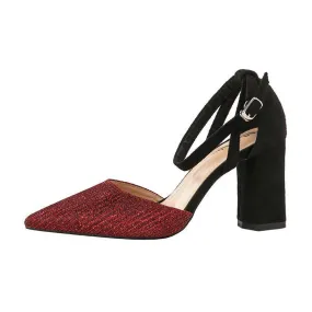 Chicvane Glittering Ankle Strap Pointed Toe Chunky Heel Bridal Shoes