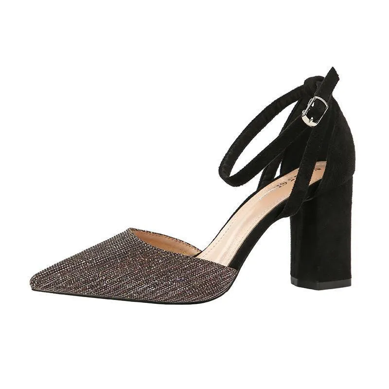 Chicvane Glittering Ankle Strap Pointed Toe Chunky Heel Bridal Shoes