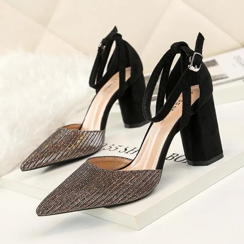 Chicvane Glittering Ankle Strap Pointed Toe Chunky Heel Bridal Shoes