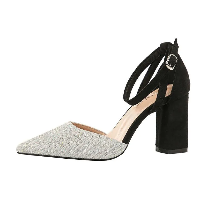 Chicvane Glittering Ankle Strap Pointed Toe Chunky Heel Bridal Shoes