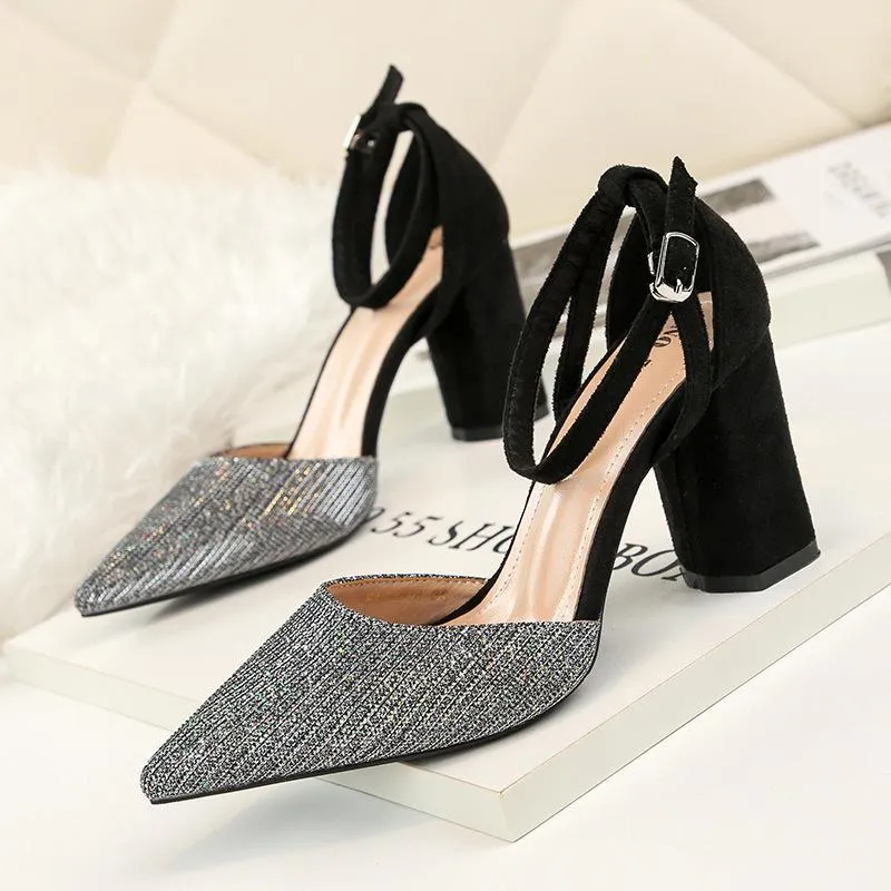 Chicvane Glittering Ankle Strap Pointed Toe Chunky Heel Bridal Shoes