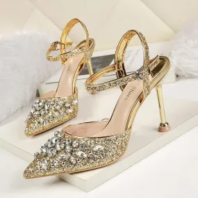 Chicvane Sequined Pointed Toe Stiletto Heel Bridal Shoes with Rhinestones