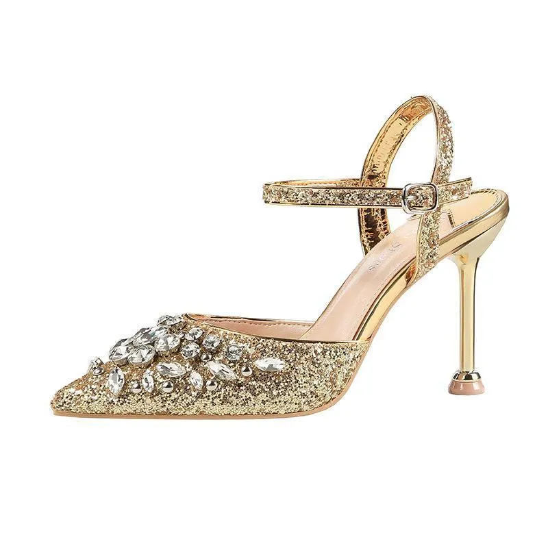 Chicvane Sequined Pointed Toe Stiletto Heel Bridal Shoes with Rhinestones