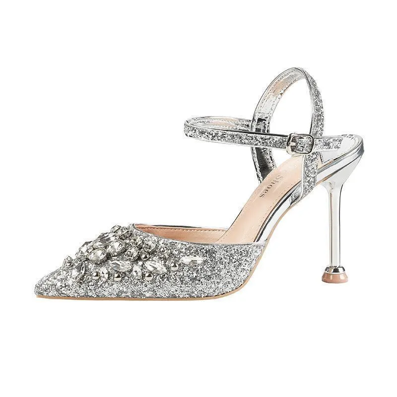 Chicvane Sequined Pointed Toe Stiletto Heel Bridal Shoes with Rhinestones