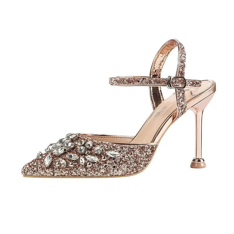 Chicvane Sequined Pointed Toe Stiletto Heel Bridal Shoes with Rhinestones