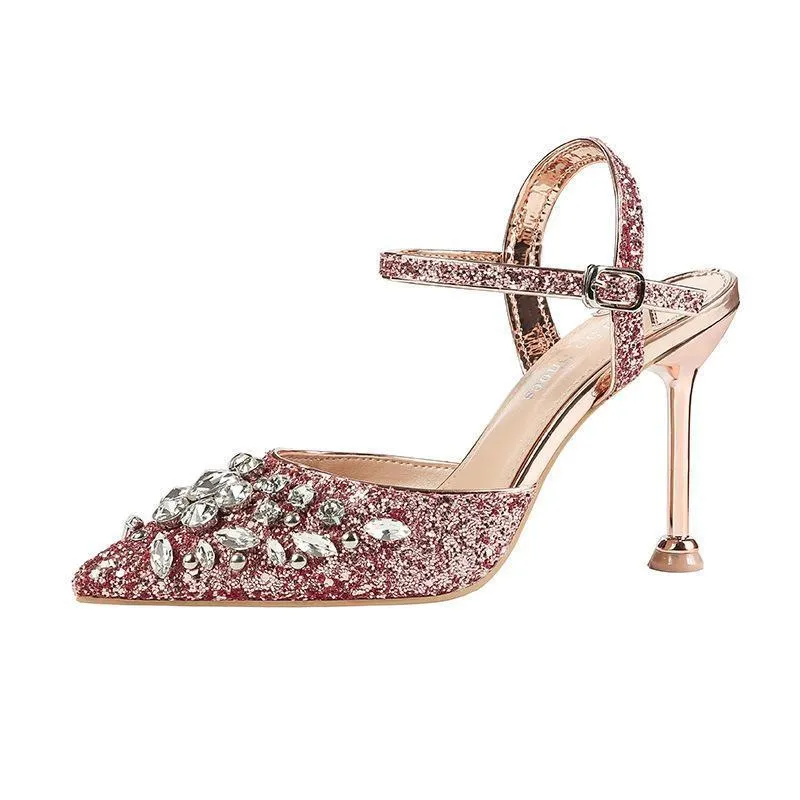 Chicvane Sequined Pointed Toe Stiletto Heel Bridal Shoes with Rhinestones