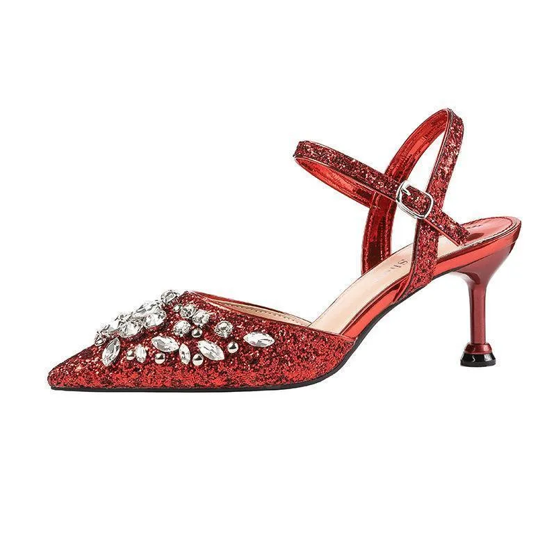 Chicvane Sequined Pointed Toe Stiletto Heel Bridal Shoes with Rhinestones