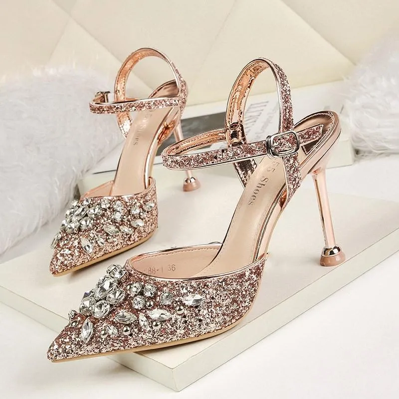 Chicvane Sequined Pointed Toe Stiletto Heel Bridal Shoes with Rhinestones
