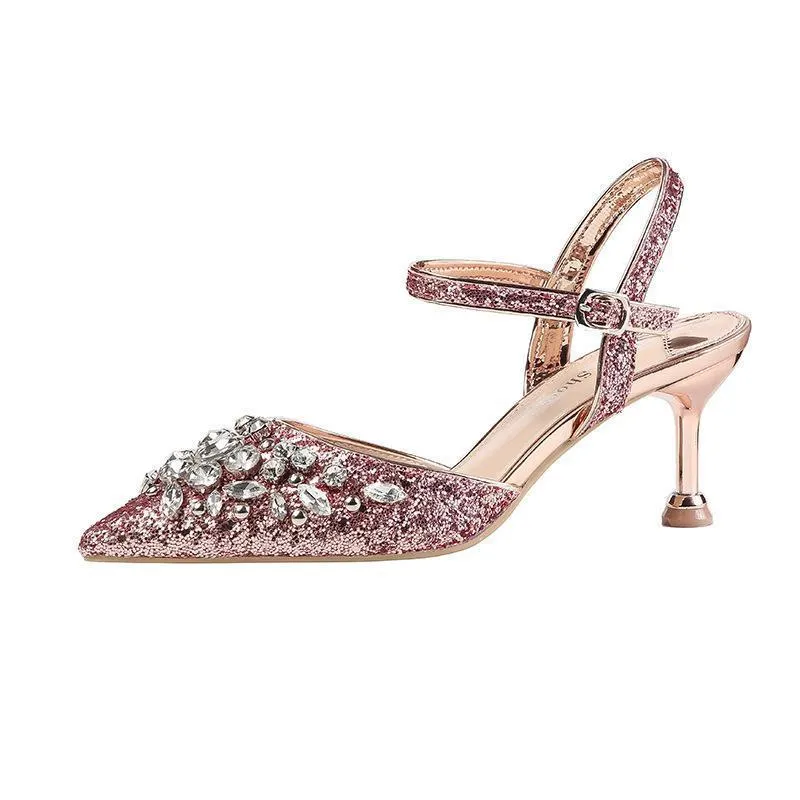 Chicvane Sequined Pointed Toe Stiletto Heel Bridal Shoes with Rhinestones