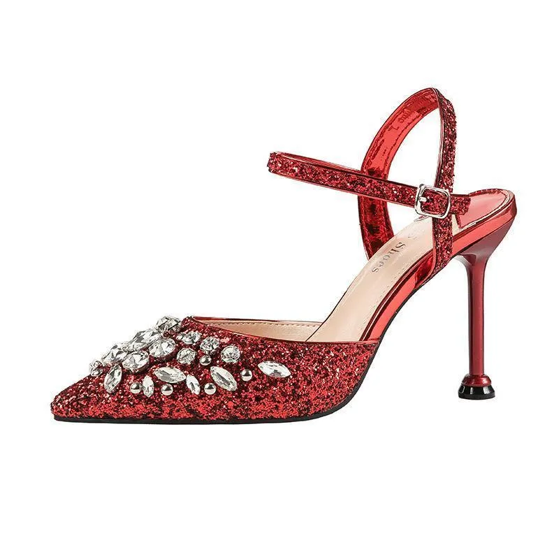 Chicvane Sequined Pointed Toe Stiletto Heel Bridal Shoes with Rhinestones