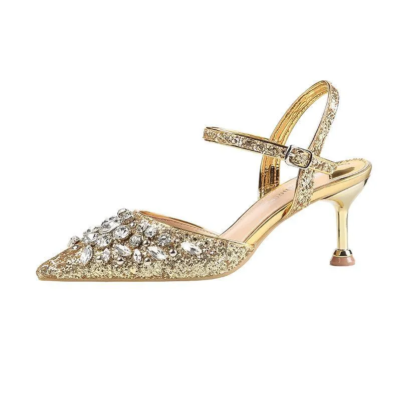 Chicvane Sequined Pointed Toe Stiletto Heel Bridal Shoes with Rhinestones