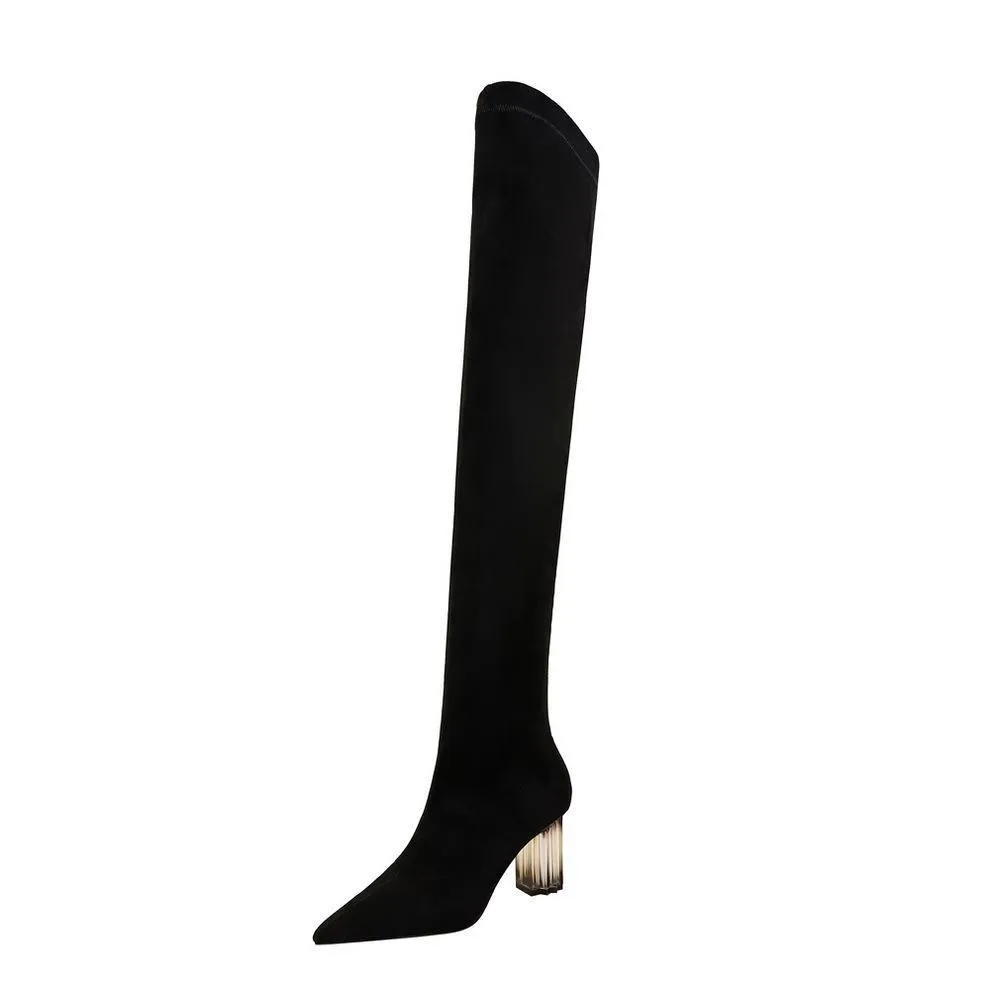 Chicvane Womens Suede Pointed Toe Crystal Chunky Heel Over The Knee Boots