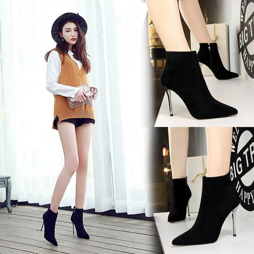 Chicvane Womens Suede Pointed Toe Metal Stiletto Heel Ankle Boots With Zipper