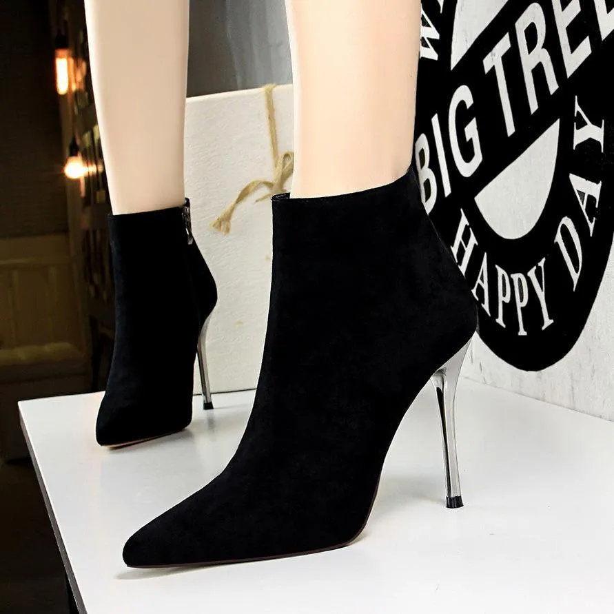 Chicvane Womens Suede Pointed Toe Metal Stiletto Heel Ankle Boots With Zipper