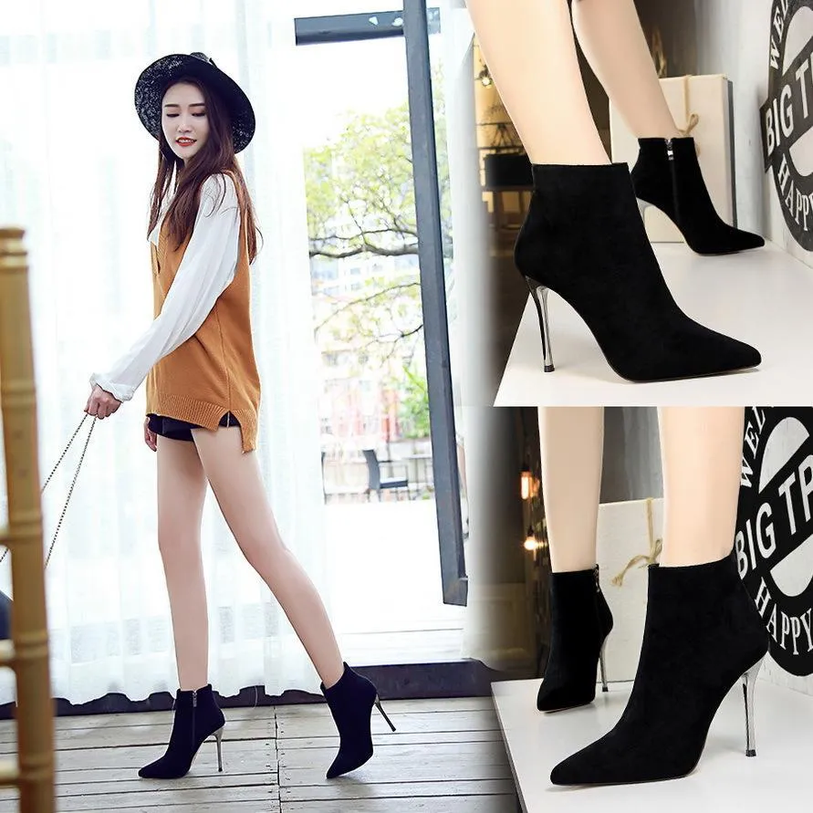 Chicvane Womens Suede Pointed Toe Metal Stiletto Heel Ankle Boots With Zipper