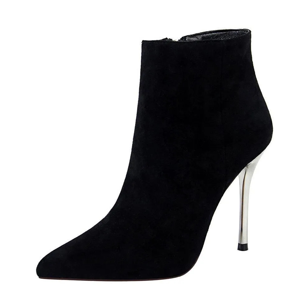 Chicvane Womens Suede Pointed Toe Metal Stiletto Heel Ankle Boots With Zipper