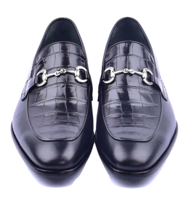 Corrente Men's Black Dress Shoes Croco Vamp bit loafer C11109-6376