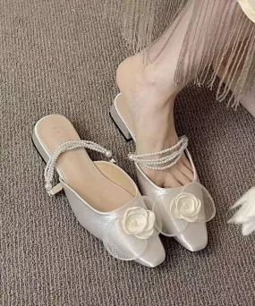 French Apricot Pearl Floral Satin Slide Sandals JJ037