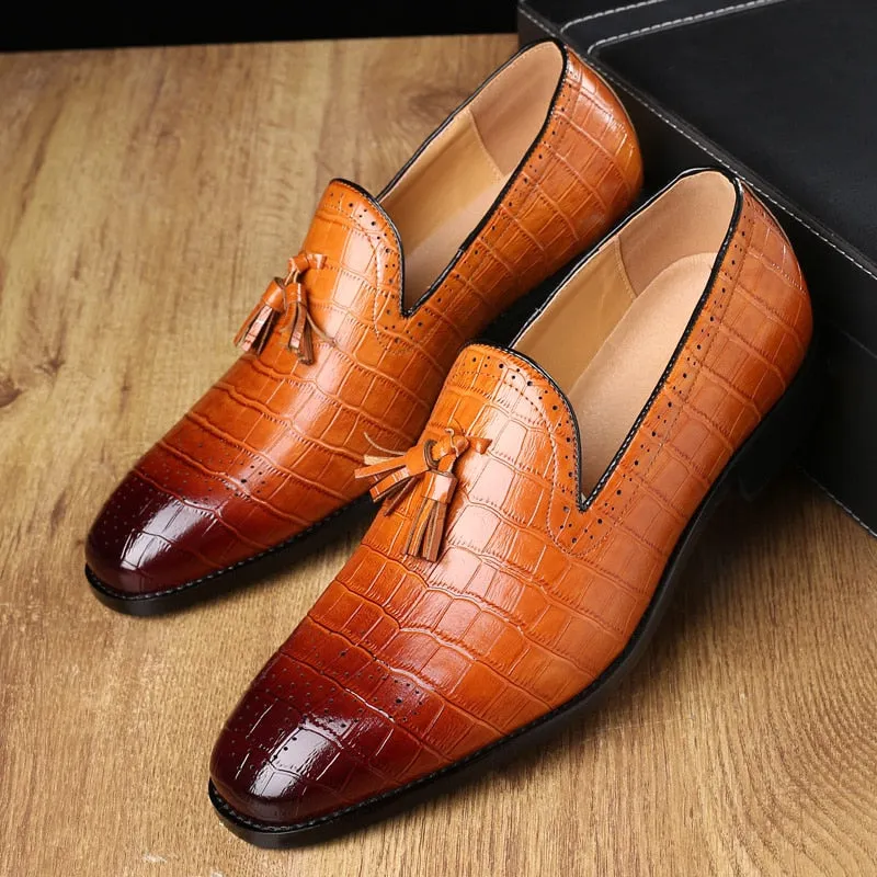 Genuine Leather Crocodile Look Tasseled Men Loafers