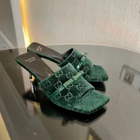 GG VELVET HIGH HEEL SANDALS WITH BEAUTIFUL LOGO DETAILS GREEN FOREST