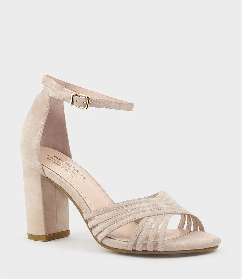 KARINA85 Multistrap Block Heel Sandal in Blush Suede