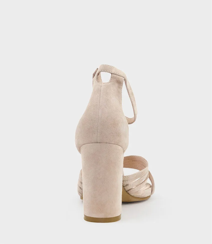 KARINA85 Multistrap Block Heel Sandal in Blush Suede