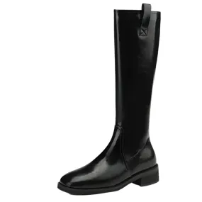 Knee High Leather Flat Equestrian Riding Boots Round Toe - Black