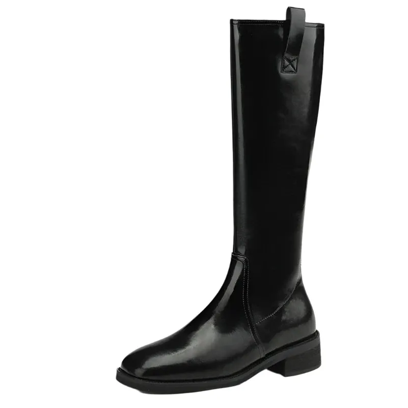 Knee High Leather Flat Equestrian Riding Boots Round Toe - Black