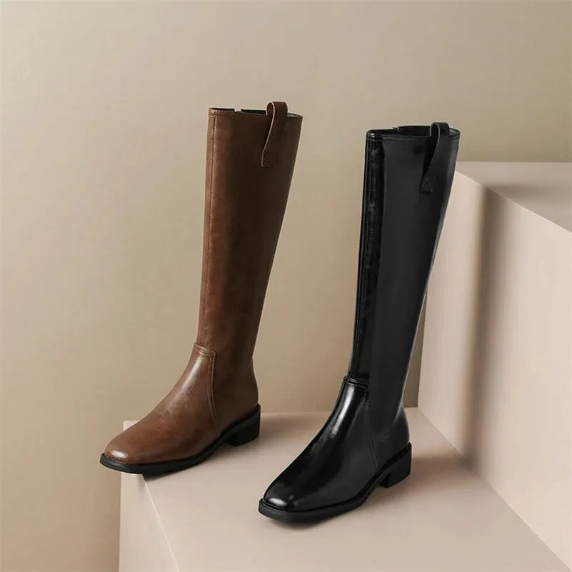 Knee High Leather Flat Equestrian Riding Boots Round Toe - Black