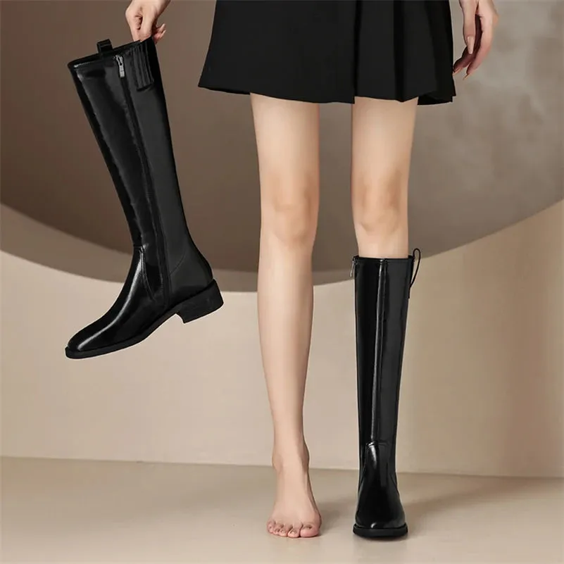 Knee High Leather Flat Equestrian Riding Boots Round Toe - Black