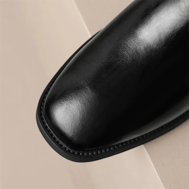 Knee High Leather Flat Equestrian Riding Boots Round Toe - Black