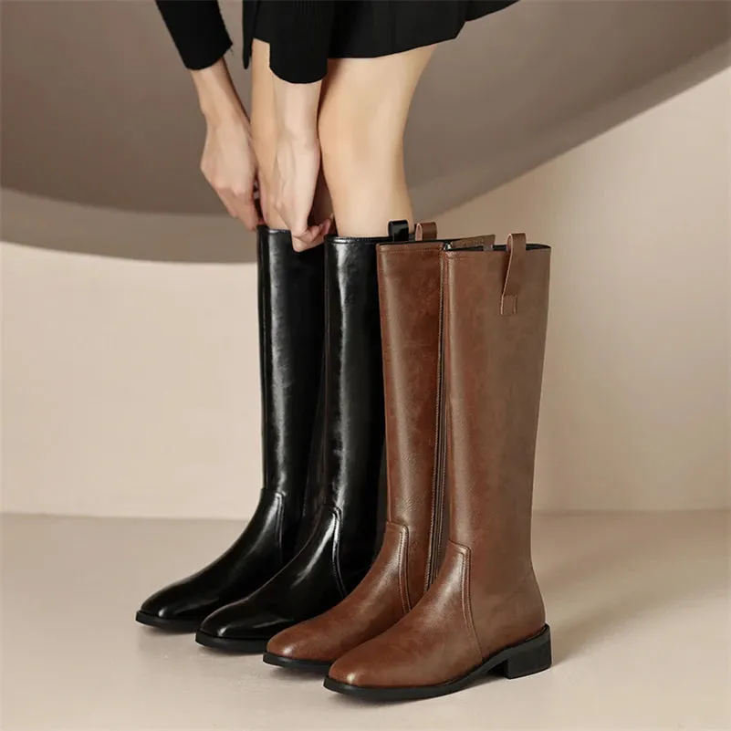 Knee High Leather Flat Equestrian Riding Boots Round Toe - Black