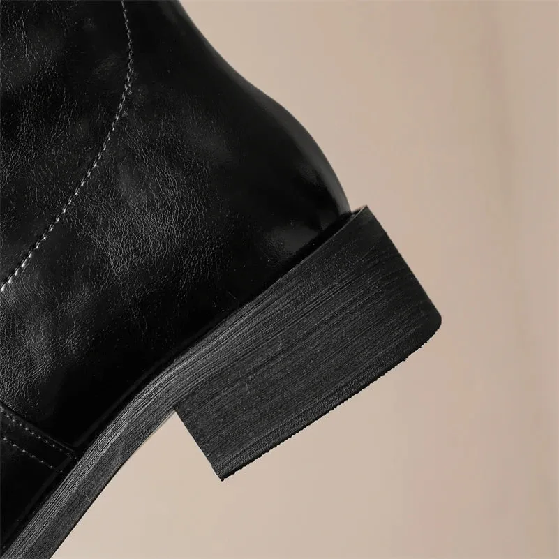 Knee High Leather Flat Equestrian Riding Boots Round Toe - Black