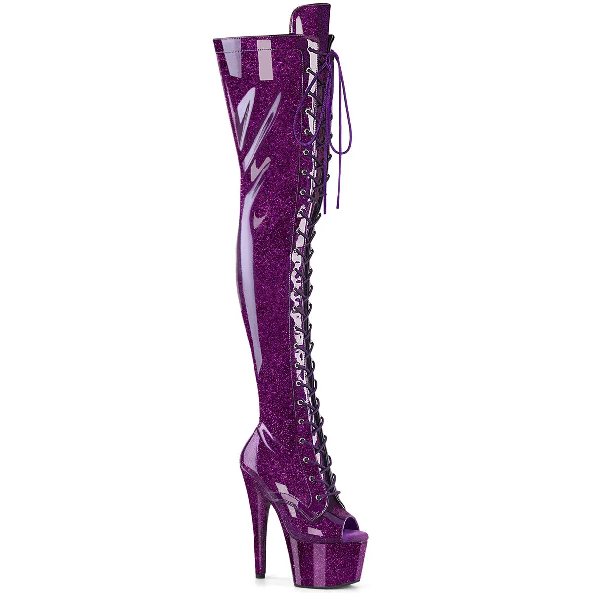 Pleaser Adore 3021GP Womens 7" Heel, Platform Stretch Fit, Front Lace Thigh-High Peep-Toe Pole Dance Boots