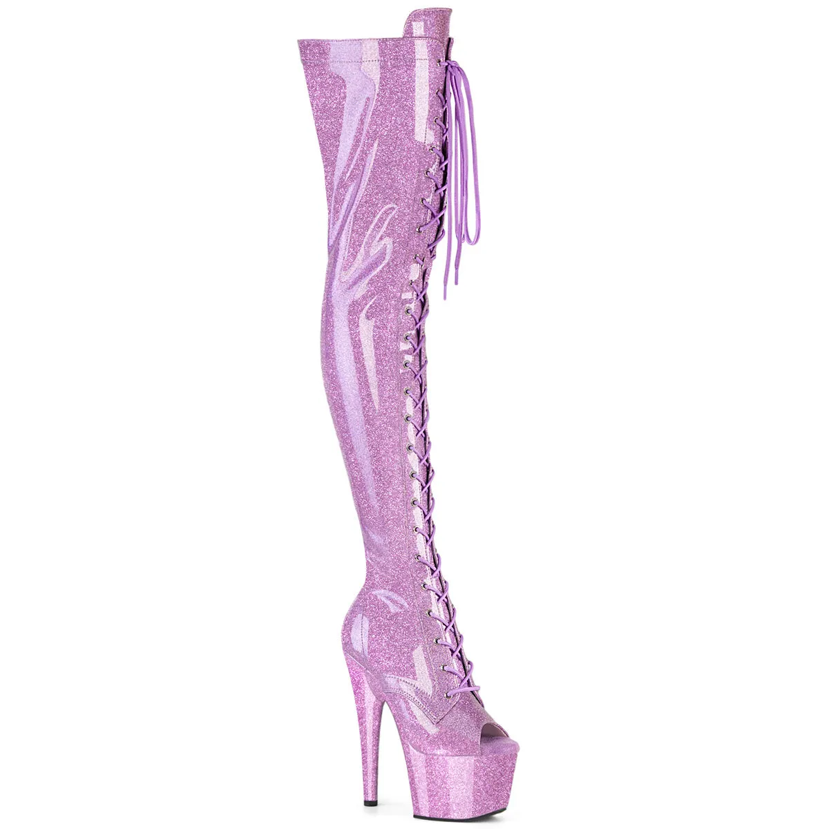 Pleaser Adore 3021GP Womens 7" Heel, Platform Stretch Fit, Front Lace Thigh-High Peep-Toe Pole Dance Boots