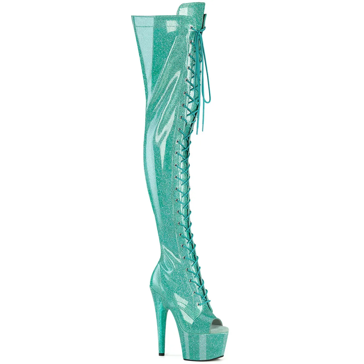 Pleaser Adore 3021GP Womens 7" Heel, Platform Stretch Fit, Front Lace Thigh-High Peep-Toe Pole Dance Boots