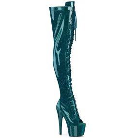 Pleaser Adore 3021GP Womens 7" Heel, Platform Stretch Fit, Front Lace Thigh-High Peep-Toe Pole Dance Boots