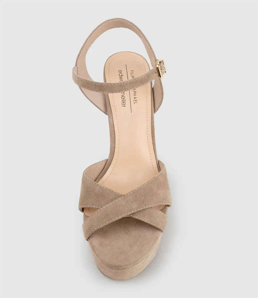 RAMONA125 Inverted Crossover Platform Sandal in Nude Suede