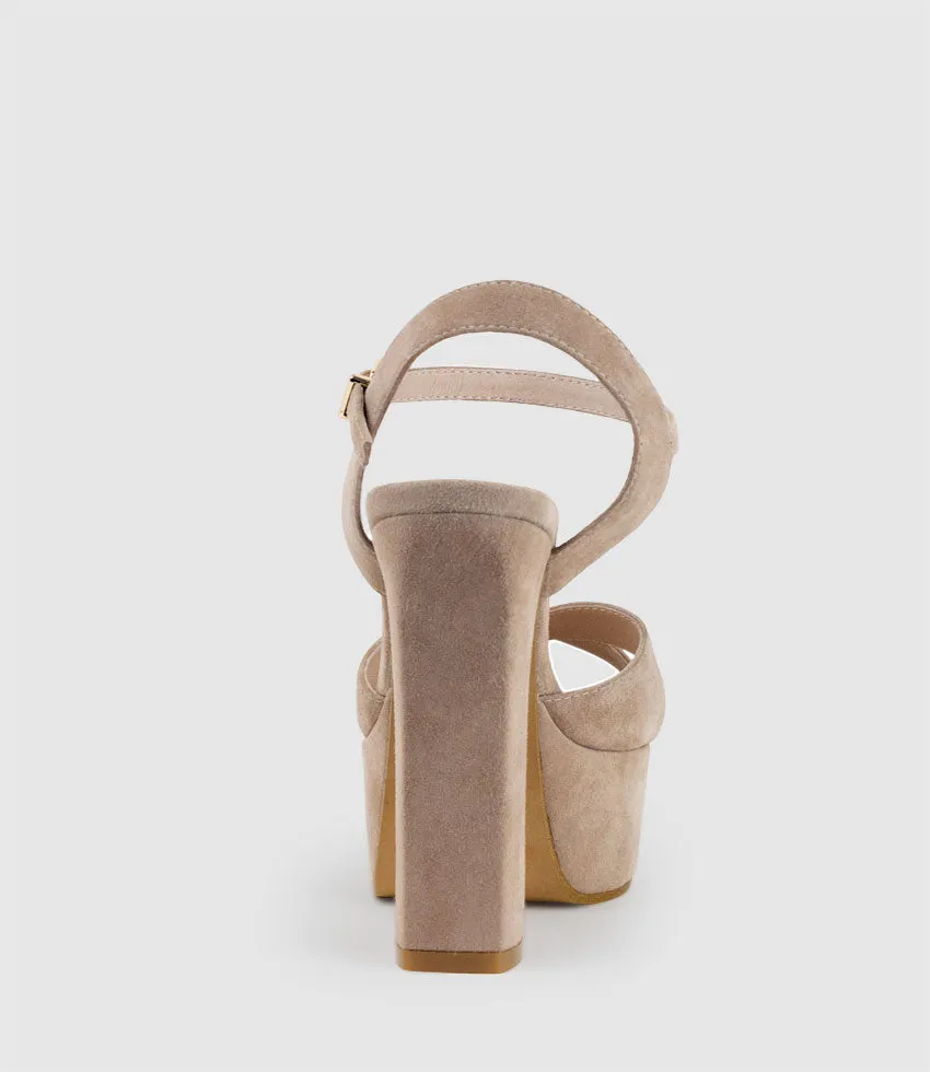 RAMONA125 Inverted Crossover Platform Sandal in Nude Suede