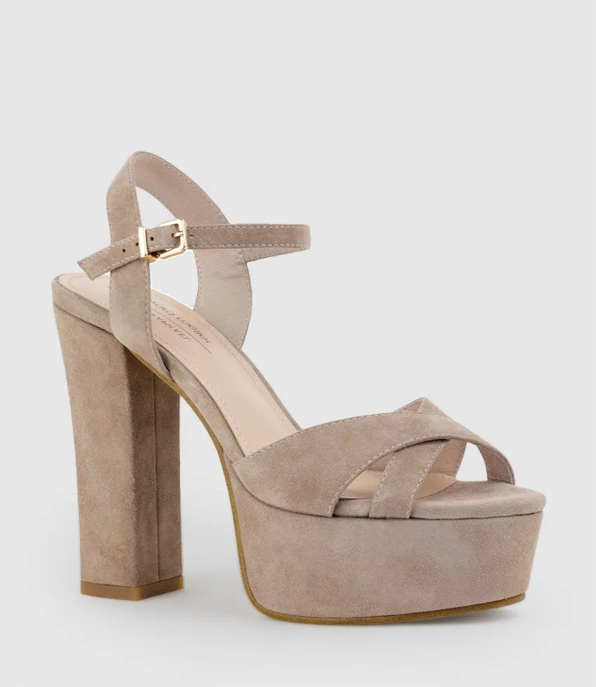 RAMONA125 Inverted Crossover Platform Sandal in Nude Suede