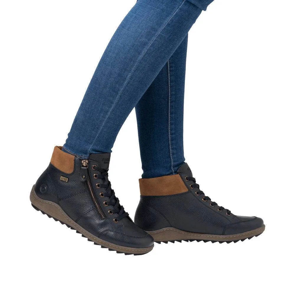Remonte R1457-14 Ladies Navy Leather Water Resistant Zip & Lace Ankle Boots