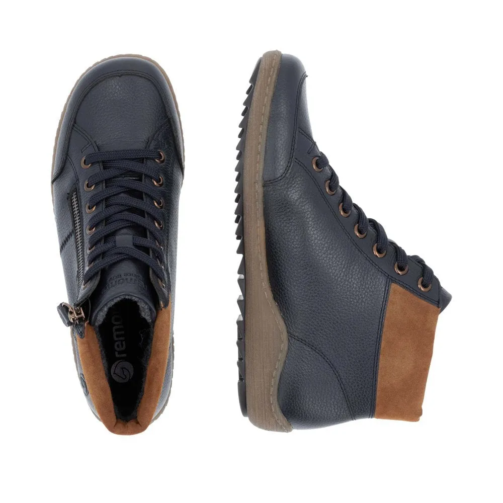 Remonte R1457-14 Ladies Navy Leather Water Resistant Zip & Lace Ankle Boots