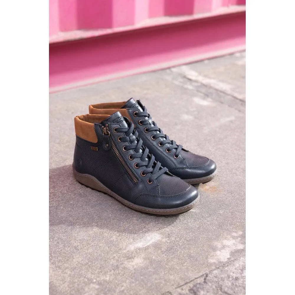 Remonte R1457-14 Ladies Navy Leather Water Resistant Zip & Lace Ankle Boots