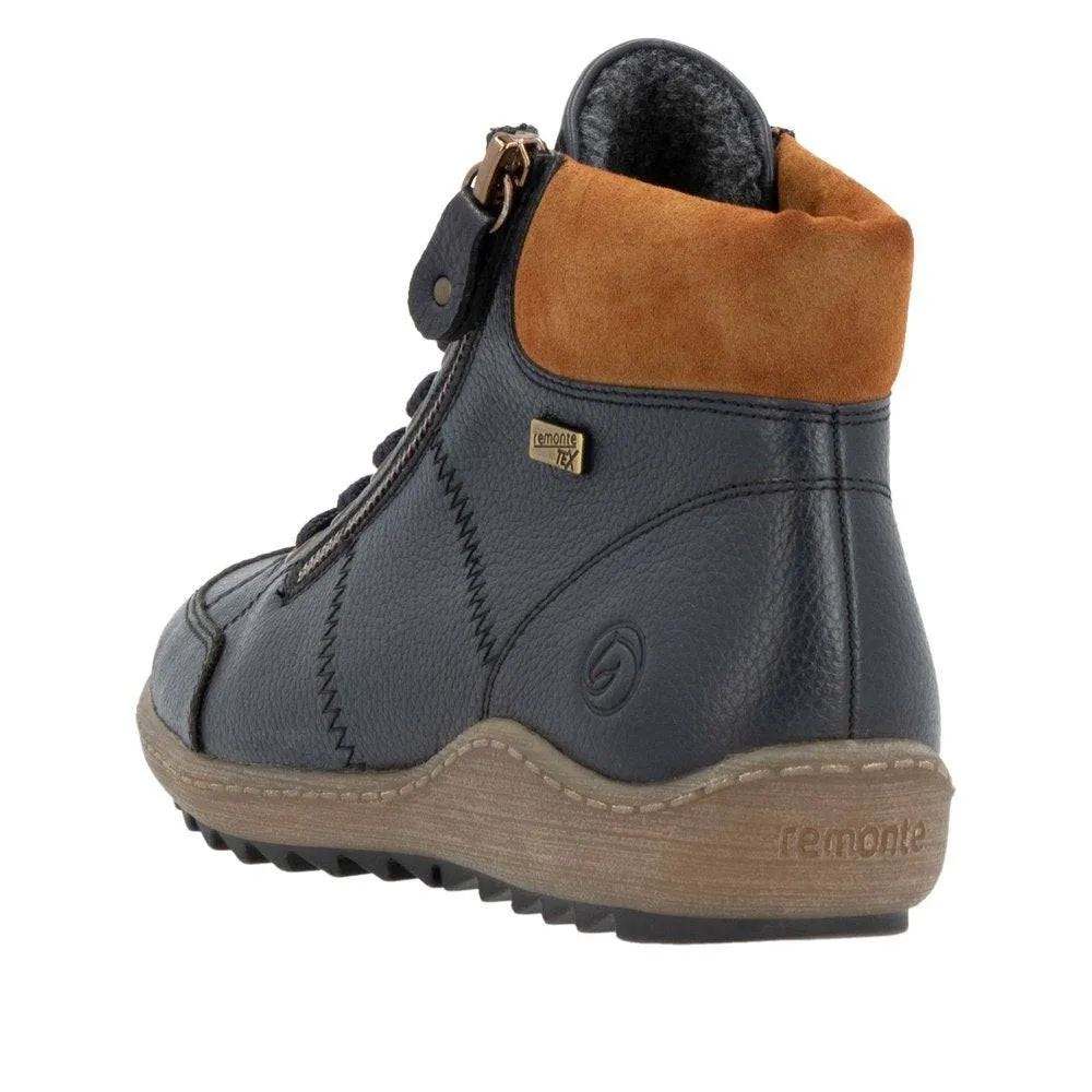 Remonte R1457-14 Ladies Navy Leather Water Resistant Zip & Lace Ankle Boots